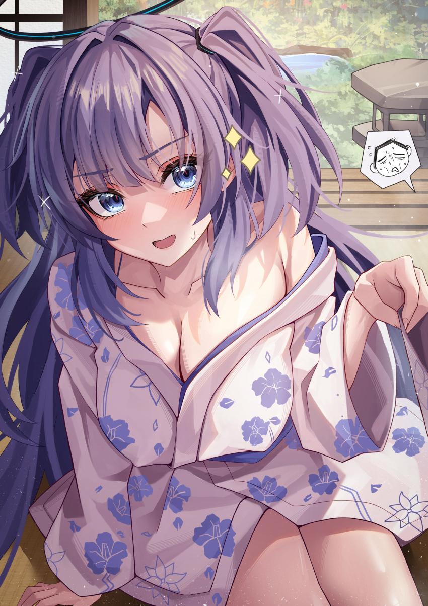 absurdres arm_support blue_archive blue_eyes breasts cleavage commentary_request doodle_sensei_(blue_archive) female garden hair_ornament halo hidel highres japanese_clothes kimono large_breasts long_hair looking_at_viewer mechanical_halo open_mouth purple_hair sensei_(blue_archive) shouji sidelocks sitting sliding_doors smile tatami two_side_up white_kimono wide_sleeves x_hair_ornament yukata yuuka_(blue_archive)