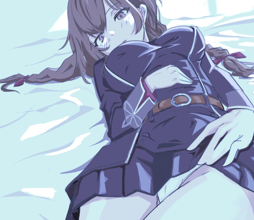 bed belt black_dress braid brown_belt brown_eyes brown_hair chakoru cowboy_shot dress female hand_on_own_stomach hashtag-only_commentary highres kantai_collection long_hair looking_at_viewer lying panties pleated_dress red_ribbon ribbon shinshuu_maru_(kancolle) solo twin_braids underwear white_panties