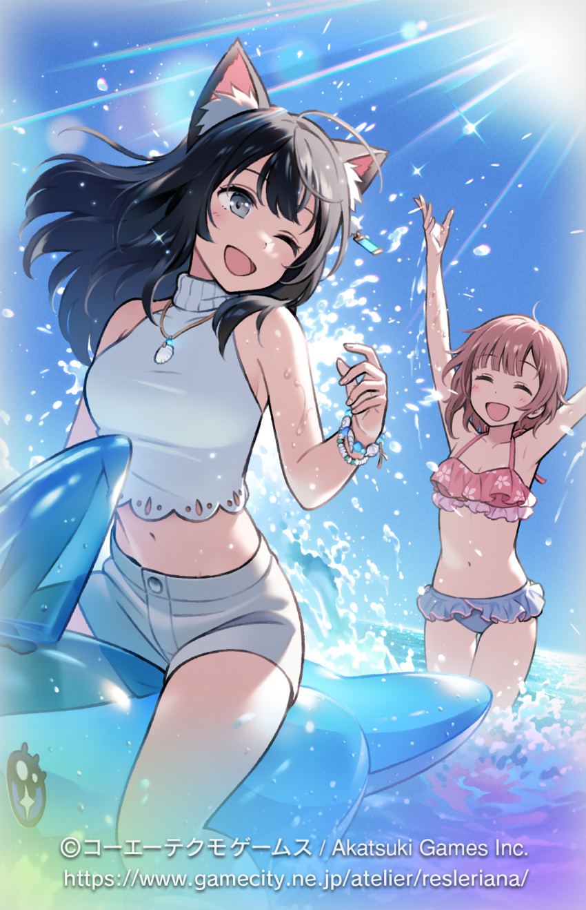 2girls :d ;d animal_ear_fluff animal_ears arms_up atelier_(series) atelier_resleriana atelier_rorona bikini black_hair blue_sky breasts cat_ears cat_girl commentary_request copyright_notice day frilled_bikini frills funuyu highres inflatable_dolphin inflatable_toy izana_kokoschka jewelry long_hair looking_back medium_breasts midriff multiple_girls necklace ocean official_alternate_costume official_art one_eye_closed open_mouth outdoors rorolina_frixell shirt short_shorts shorts sky sleeveless sleeveless_shirt smile sparkle sun swimsuit wading water white_shirt white_shorts