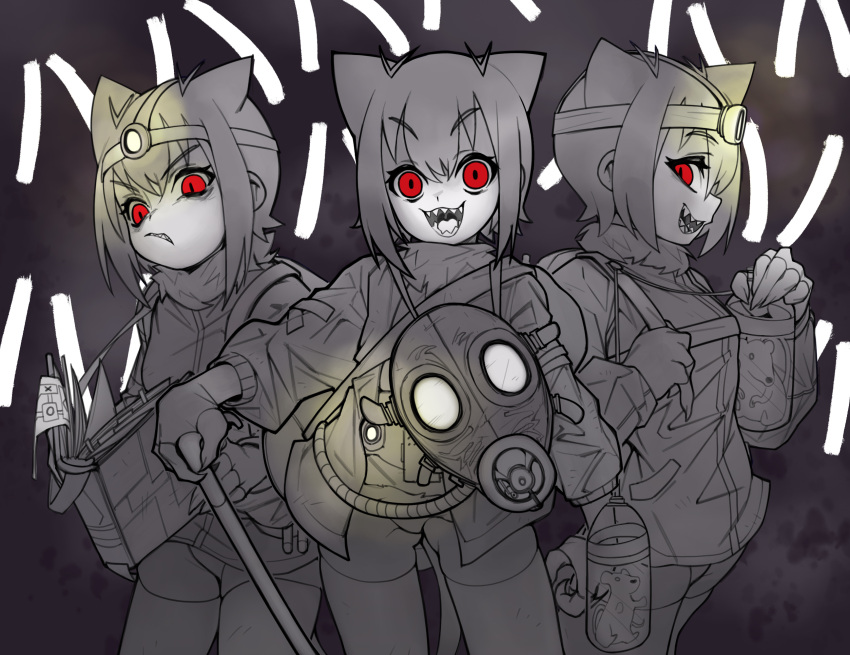 3girls animal_ears arai-san_mansion backpack bag book cage clone commentary contrapposto cowboy_shot crazy_smile empty_eyes fingerless_gloves fingernails fur-trimmed_jacket fur_collar fur_trim gas_mask giant_otter_(kemono_friends)_(kuro_(kurojill)) gloves greyscale handle headlamp highres holding holding_book holding_cage jacket kemono_friends laughing long_fingers looking_at_viewer map mask monochrome mouse_(animal) multiple_girls no_pants open_book otter_ears otter_girl otter_tail profile red_eyes scowl sharp_fingernails sharp_teeth short_hair shoulder_strap sideways_glance slit_pupils smile spot_color standing tail tape teeth thighhighs underwear unworn_mask v-shaped_eyebrows waa153 wide-eyed