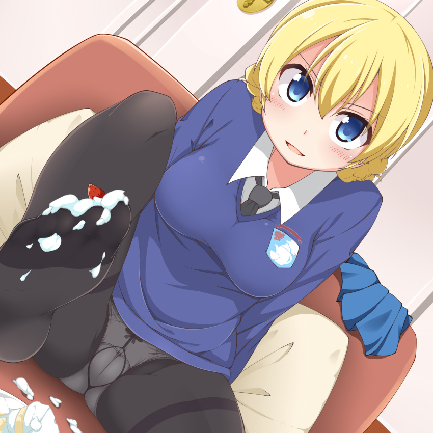 arms_behind_back black_necktie black_pantyhose blonde_hair blue_eyes blue_skirt blue_sweater bow bow_panties braid breasts cake commentary couch darjeeling_(girls_und_panzer) dou-t dress_shirt dutch_angle emblem feet female food food_on_toes fruit girls_und_panzer gusset highres indoors leg_up long_sleeves looking_at_viewer medium_breasts miniskirt necktie no_shoes on_couch open_mouth panties panties_under_pantyhose pantyhose pillow plate pleated_skirt school_uniform shirt short_hair sitting skirt smile solo st._gloriana's_(emblem) st._gloriana's_school_uniform strawberry sweater thighband_pantyhose tied_hair twin_braids underwear unworn_skirt v-neck whipped_cream white_shirt wing_collar