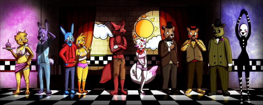 alternate_species anthro avian avian_feet barefoot bear bird bonnie_(fnaf) bottomwear bow_tie canid canine chica_(fnaf) chicken clothing cupcake_(fnaf) digital_media_(artwork) feet female five_nights_at_freddy's five_nights_at_freddy's_2 fox foxy_(fnaf) freddy_(fnaf) full-length_portrait furrification galliform gallus_(genus) group hat headgear headwear hoodie jacket lagomorph leporid light lighting male mammal mangle_(fnaf) marionette_(fnaf) model_sheet pants phasianid portrait rabbit scottgames shirt smile suit tank_top topwear torn_bottomwear torn_clothing torn_pants toy_bonnie_(fnaf) toy_chica_(fnaf) toy_freddy_(fnaf) vertix