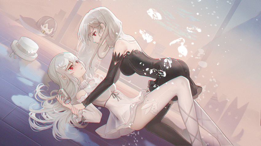 2girls arknights ass bare_shoulders bird black_dress black_thighhighs blush breasts chinese_commentary commentary_request cup dress drinking_glass dutch_angle eye_contact feet_out_of_frame from_side grey_hair hair_between_eyes hand_up hat highres holding holding_cup kneeling large_breasts long_hair long_sleeves looking_at_another lying magallan_(arknights) multiple_girls on_back parted_lips penguin profile red_eyes short_dress skadi_(arknights) specter_(arknights) strapless strapless_dress thighhighs thighs unworn_hat unworn_headwear white_headwear white_legwear yizhibao yuri