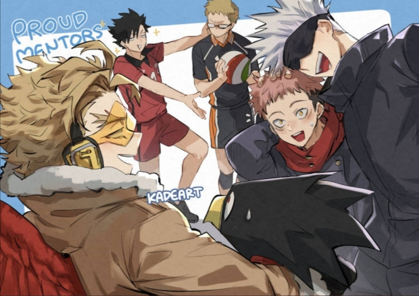 6+boys :d bad_id bad_pixiv_id black_hair black_jacket blonde_hair boku_no_hero_academia brown_coat coat commentary company_connection crossover feathered_wings gojou_satoru haikyuu!! hand_on_head hawks_(boku_no_hero_academia) headphones itadori_yuuji jacket jujutsu_kaisen kadeart karasuno_volleyball_uniform kuroo_tetsurou male_focus multiple_boys multiple_crossover nekoma_volleyball_uniform open_mouth red_wings school_uniform short_hair shounen_jump simple_background smile sportswear standing sweatdrop tokoyami_fumikage trait_connection tsukishima_kei volleyball volleyball_uniform white_hair wings