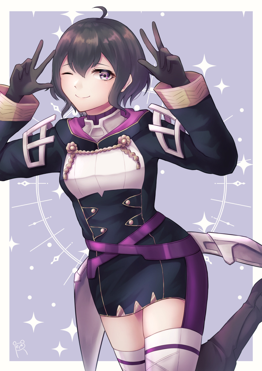 absurdres adapted_costume ahoge arms_up black_hair border dress female fire_emblem fire_emblem_awakening fire_emblem_heroes highres hood looking_at_viewer morgan_(female)_(fire_emblem) morgan_(fire_emblem) official_alternate_costume one_eye_closed purple_eyes reia_hana short_dress short_hair simple_background smile solo star_(symbol) thighhighs v white_border zettai_ryouiki