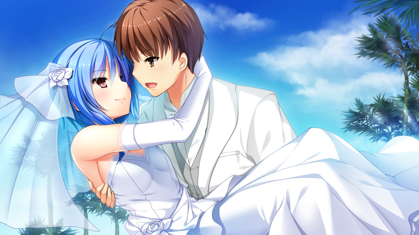 1boy :d ahoge blue_hair blue_sky breasts brown_eyes brown_hair carrying closed_mouth cloud couple day dress dress_shirt elbow_gloves eye_contact female flower game_cg gloves grey_vest hair_flower hair_ornament highres hino_ryousuke hoshi_ori_yume_mirai husband_and_wife jacket long_dress looking_at_another medium_hair mutou_kurihito open_mouth ousaka_sora outdoors palm_tree princess_carry shirt short_hair sky small_breasts smile straight strapless strapless_dress sunlight tree vest wedding_dress white_dress white_flower white_gloves white_jacket white_shirt