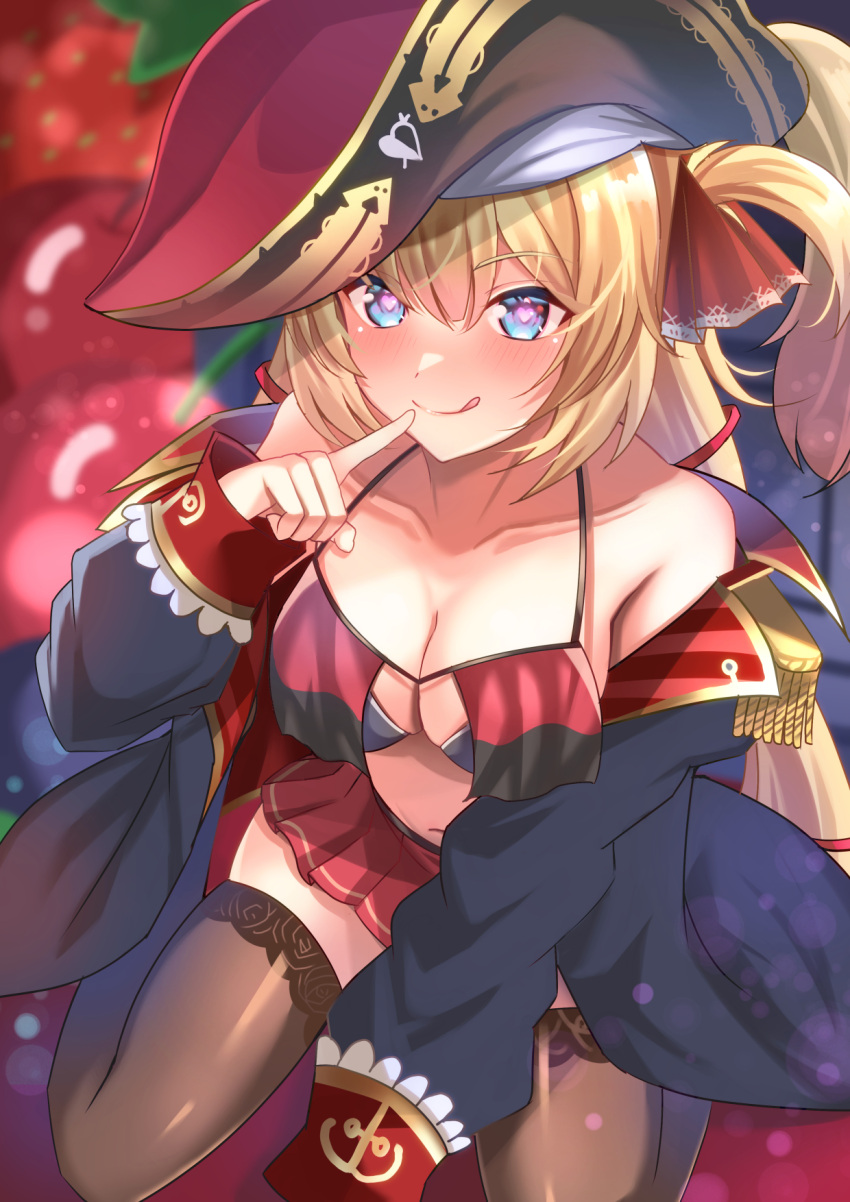 :q akai_haato akai_haato_(hololive_summer_2019) bare_shoulders bikini black_bikini black_jacket blonde_hair blue_eyes breasts brown_thighhighs cherry collarbone cosplay female finger_to_mouth food fruit hair_ribbon heart heart-shaped_pupils highres hololive houshou_marine houshou_marine_(1st_costume) houshou_marine_(cosplay) index_finger_raised jacket large_breasts layered_bikini leotard long_hair looking_at_viewer miniskirt navel one_side_up open_clothes open_jacket pleated_skirt red_bikini red_ribbon red_skirt ribbon sitting skindentation skirt smile solo swimsuit symbol-shaped_pupils thighhighs tongue tongue_out very_long_hair virtual_youtuber wariza zacky zettai_ryouiki