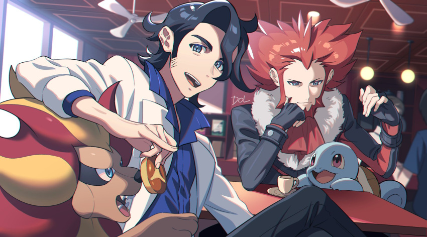 2boys :d augustine_sycamore beard black_gloves black_hair blue_eyes closed_mouth commentary curly_hair dolustoy facial_hair feeding fingerless_gloves fur-trimmed_jacket fur_trim gloves grey_eyes hands_up highres holding indoors jacket lab_coat lysandre_(pokemon) male_focus multiple_boys open_mouth pokemon pokemon_(creature) pokemon_xy pyroar pyroar_(male) shirt signature smile squirtle team_flare teeth tongue upper_teeth_only