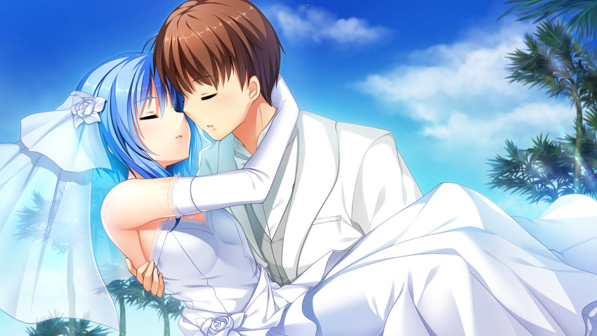 1boy ahoge blue_hair blue_sky breasts brown_hair carrying closed_eyes cloud couple day dress dress_shirt elbow_gloves female flower game_cg gloves grey_vest hair_flower hair_ornament highres hino_ryousuke hoshi_ori_yume_mirai husband_and_wife imminent_kiss jacket long_dress medium_hair mutou_kurihito ousaka_sora outdoors palm_tree parted_lips princess_carry shirt short_hair sky small_breasts straight strapless strapless_dress sunlight tree vest wedding_dress white_dress white_flower white_gloves white_jacket white_shirt