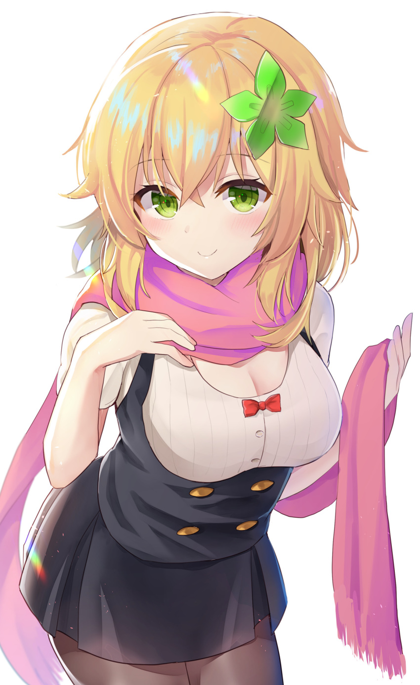 absurdres aged_up black_skirt blonde_hair blush breasts cleavage cleavage_cutout closed_mouth clothing_cutout female gabriel_dropout green_eyes highres large_breasts looking_at_viewer pantyhose pink_scarf scarf short_sleeves skirt smile solo tapris_chisaki_sugarbell tenma-gav