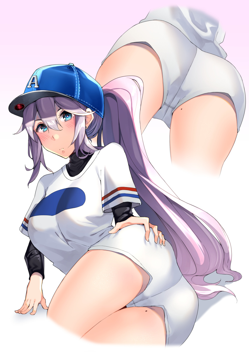 absurdres arm_support azur_lane baseball_cap baseball_uniform blue_eyes bodysuit bodysuit_under_clothes esencey female from_behind from_below gradient_background hair_between_eyes hair_through_headwear hand_on_own_ass hat highres intrepid_(azur_lane) intrepid_(one_intrepid_pitch)_(azur_lane) long_hair looking_at_viewer mole mole_on_thigh multiple_views official_alternate_costume purple_eyes shorts sportswear thighs very_long_hair white_shorts