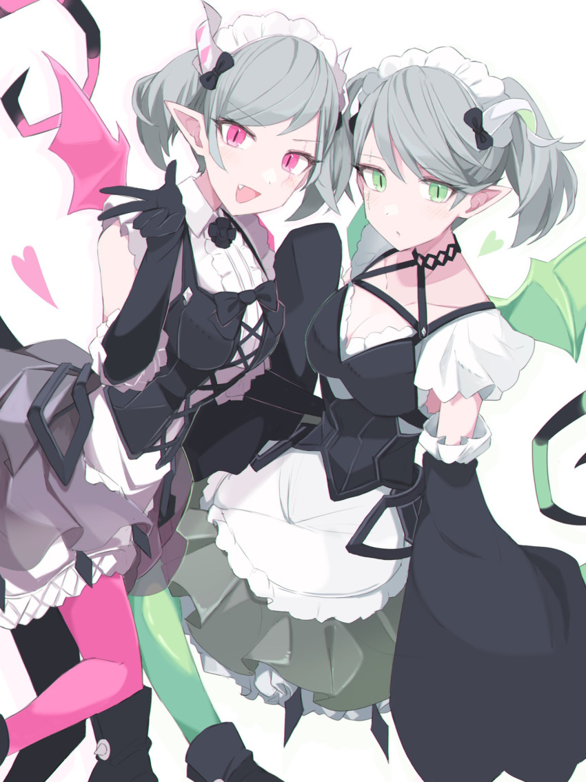 2girls arianna_the_labrynth_servant arianne_the_labrynth_servant black_gloves breasts choker cleavage collarbone commentary demon_girl demon_horns demon_tail demon_wings detached_sleeves dress duel_monster elbow_gloves feet_out_of_frame frilled_gloves frills gloves green_eyes green_wings grey_hair hand_up highres horns long_sleeves maid_headdress multiple_girls open_mouth pantyhose pink_eyes pink_wings sakuragi_raia short_twintails symbol-only_commentary tail twintails wide_sleeves wings yu-gi-oh!