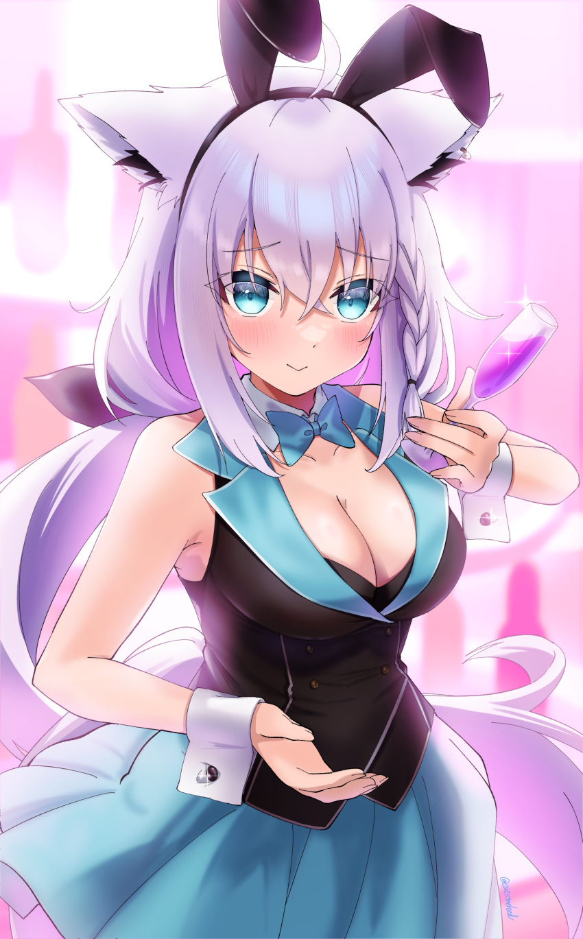 absurdres ahoge alternate_costume animal_ear_fluff animal_ears bare_arms blue_bow blue_bowtie blue_skirt blurry blurry_background blush bow bowtie braid breasts bunny_garden cleavage commentary_request cup detached_collar drinking_glass earrings fake_animal_ears female fox_ears fox_girl fox_tail green_eyes hair_between_eyes highres holding holding_cup hololive hostess jewelry large_breasts long_hair looking_at_viewer nontraditional_playboy_bunny rabbit_ears shirakami_fubuki sidelocks single_braid skirt smile solo tail toketa_neko virtual_youtuber white_hair wine_glass wrist_cuffs