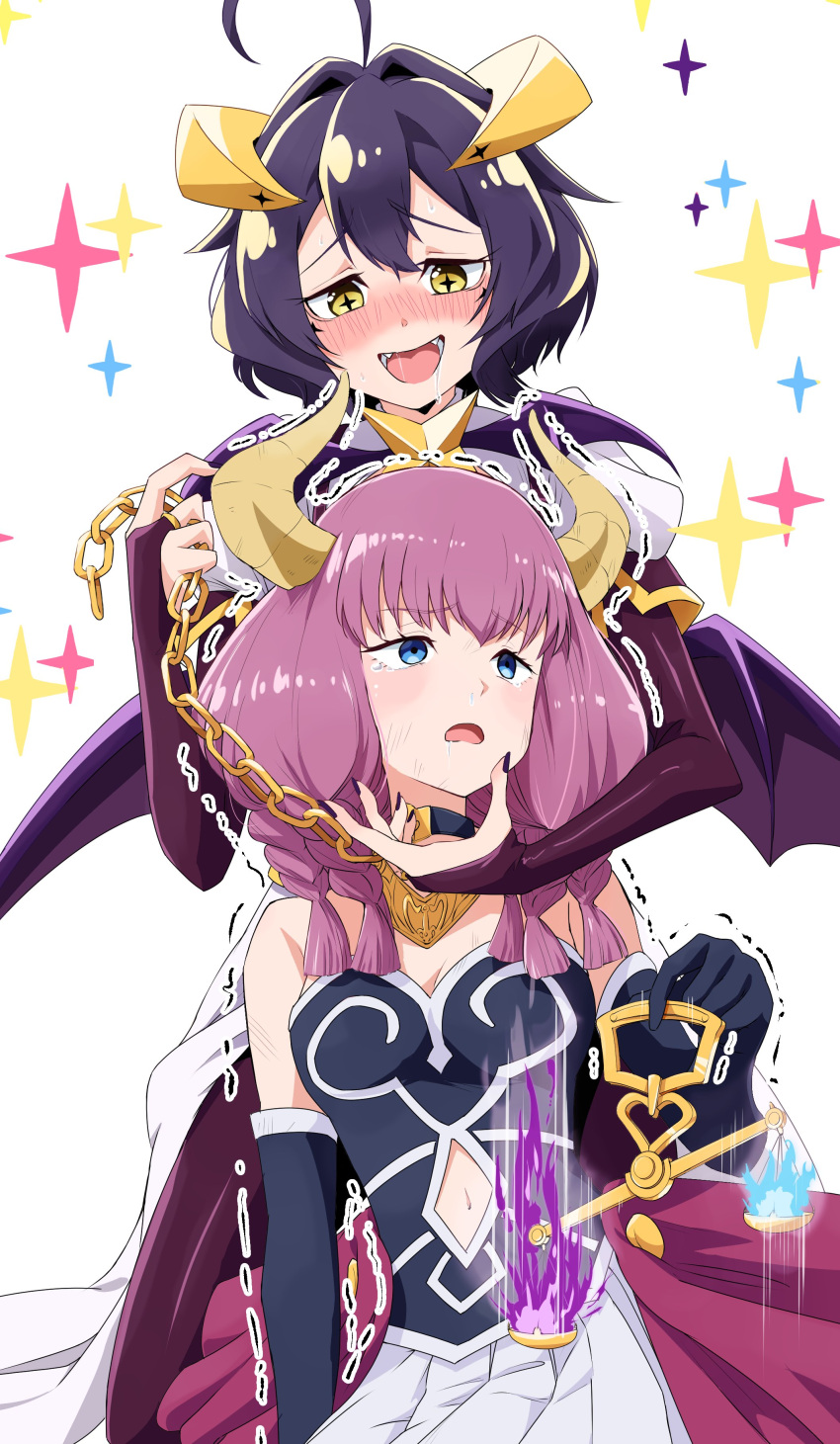 2girls :d absurdres ahoge aura_(sousou_no_frieren) aura_bullying_(meme) balance_scale black_nails blue_eyes blush braid breastless_clothes breasts bridal_gauntlets chain_leash chains clothing_cutout commentary_request cowboy_shot crossover demon_girl demon_horns elbow_gloves forward_facing_horns furrowed_brow gloves hand_up highres hiiragi_utena holding_scale horns jewelry keijirou_(mukunozaltusou) leash long_hair looking_at_viewer magia_baiser mahou_shoujo_ni_akogarete meme multiple_girls nail_polish navel navel_cutout necklace nose_blush open_mouth pleated_skirt purple_hair saliva skirt smile sousou_no_frieren symbol-shaped_pupils tearing_up trembling weighing_scale white_skirt yellow_eyes yuri