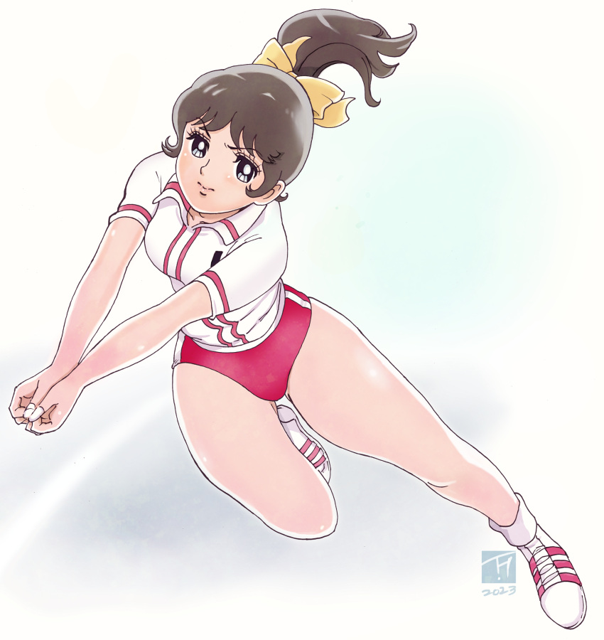 attack_no_1 ayuhara_kozue bow brown_hair buruma dated female hairbow highres kujira_gunsou ponytail red_buruma running shirt shoes short_sleeves sidelocks sneakers solo sportswear volleyball_uniform white_shirt yellow_bow