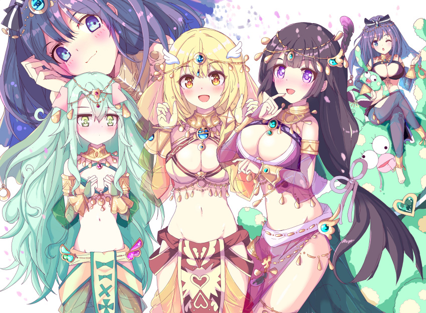 4girls :d ;o absurdres alternate_color animal_ears armlet black_hair blonde_hair blue_eyes blue_gemstone blue_hair blunt_bangs blush breasts brooch circlet clear_(princess_connect!) cleavage closed_mouth commentary cosplay dancer dot_mouth fingerless_gloves flat_chest gem gloves green_eyes green_gemstone green_hair groin hair_between_eyes hair_ornament harem_outfit highres jewelry large_breasts lily_(princess_connect!) long_hair low-tied_long_hair medium_breasts messy_hair misora_(princess_connect!) multiple_girls navel one_eye_closed open_mouth pelvic_curtain pig_ears pig_girl precia_(princess_connect!) princess_connect! purple_eyes purple_gemstone saren_(princess_connect!) saren_(princess_connect!)_(cosplay) saren_(sarasaria)_(princess_connect!) see-through see-through_sleeves small_breasts smile stomach white_background wing_hair_ornament yamada_(hvcij) yellow_eyes