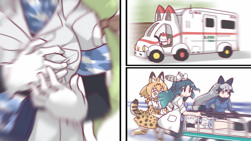 ambulance animal_ears black_gloves black_neckwear blue_shirt blurry bow bowtie cardiac_arrest closed_mouth clutching_chest commentary elbow_gloves fox_ears fur_trim gloves grey_hair high-waist_skirt japari_bus kako_(kemono_friends) kemono_friends labcoat long_hair long_sleeves lucky_beast_(kemono_friends) meme mirai_(kemono_friends) multiple_girls open_mouth orange_gloves orange_hair orange_skirt running serval_(kemono_friends) serval_ears serval_print serval_tail shirt short_hair silver_fox_(kemono_friends) skirt tail tanaka_kusao tears thighhighs