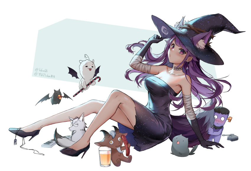 1991_(blz) alcohol animal animal_ear_fluff animal_ears arm_up bad_id bad_pixiv_id bandages bare_shoulders beer beer_mug black_dress black_gloves black_hat black_legwear blush breasts checkerboard_cookie cleavage closed_mouth commentary_request cookie cup dress ears_through_headwear elbow_gloves female flower_witch food fox gloves green_background hand_on_headwear hat high_heels highres indie_virtual_youtuber long_hair medium_breasts mug nako_(flower_witch) purple_eyes purple_hair sausage shoes solo strapless strapless_dress tail thorns twitter_username two-tone_background very_long_hair virtual_youtuber white_background witch_hat