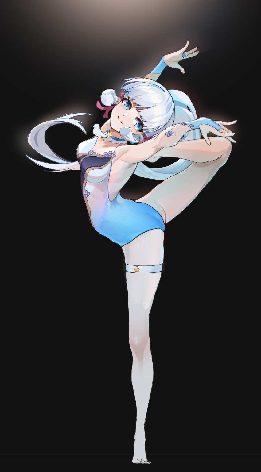 absurdres arabesque_(pose) armpits arms_up bad_id bad_pixiv_id ballerina black_background blue_eyes blue_hair blunt_bangs dancing feet female fingerless_gloves flexible full_body genshin_impact gloves highres kamisato_ayaka leg_up legs leotard long_hair looking_at_viewer pantyhose ponytail simple_background smile thighs white_legwear wucanming