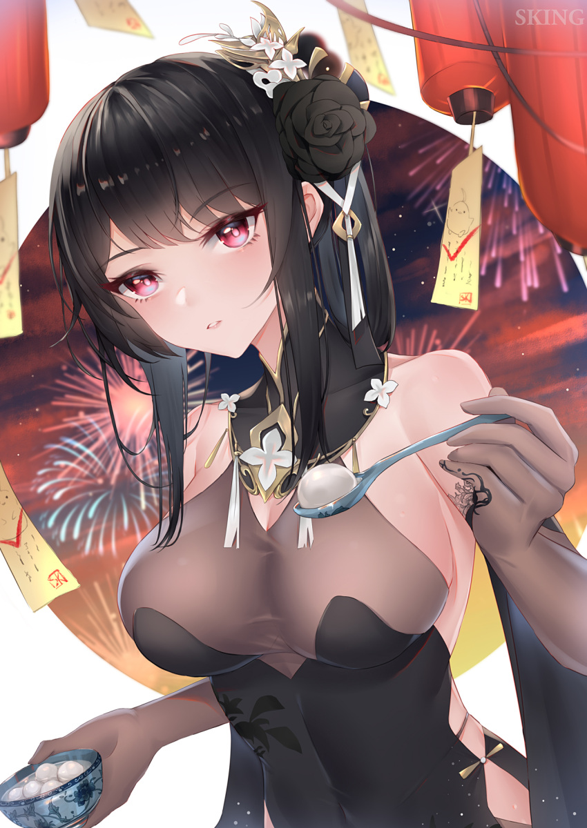 artist_name azur_lane backless_dress backless_outfit bare_shoulders black_flower black_hair black_legwear black_rose breasts chen_hai_(azur_lane) chen_hai_(vestibule_of_wonders)_(azur_lane) china_dress chinese_clothes chinese_commentary cleavage clothing_cutout collarbone covered_navel dessert detached_sleeves dress elbow_gloves female fireworks flower food gloves gold_trim hair_ornament halter_dress halterneck hanging_lantern highres holding holding_spoon lantern lantern_festival large_breasts looking_at_viewer official_alternate_costume paper_lantern parted_lips red_eyes rose see-through sidelocks sking solo spoon tangyuan tight_clothes tight_dress upper_body