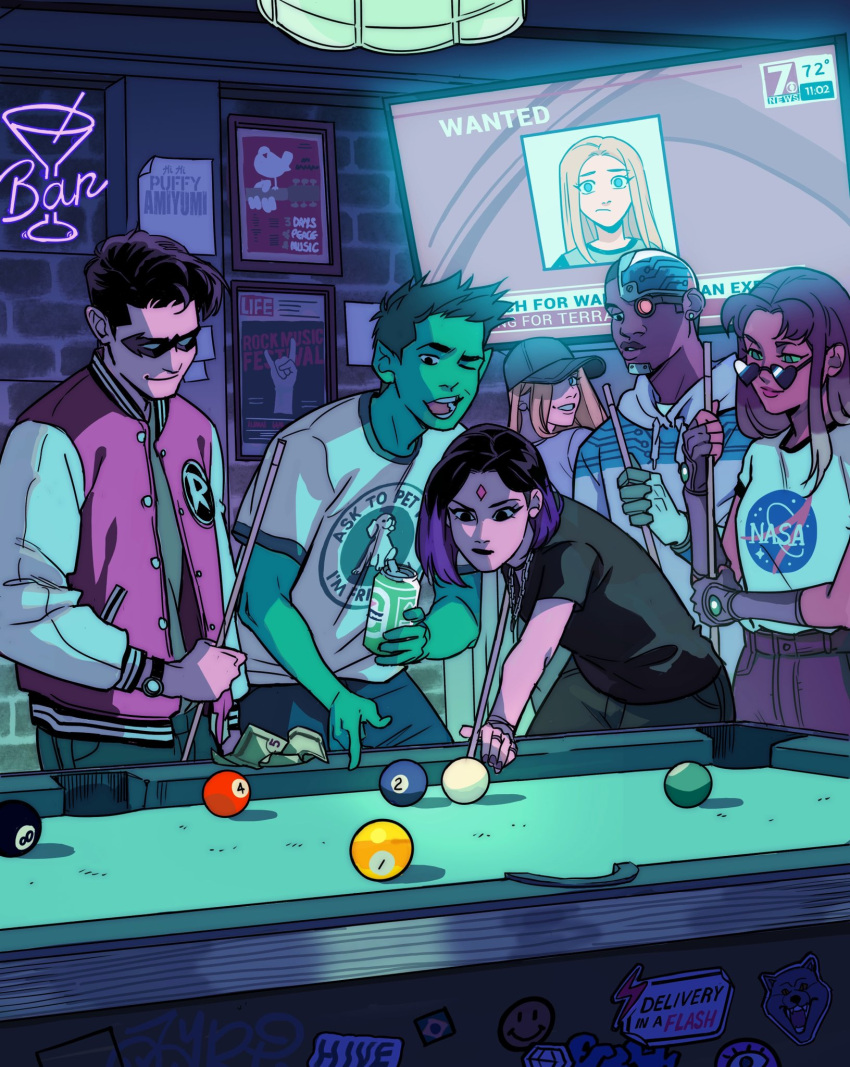 3boys 3girls 8-ball aged_up alcohol ball bar_(place) baseball_cap beast_boy_(dc) beer beer_can billiard_ball billiards blonde_hair blue_eyes breaking_news can colored_skin cue_stick cyborg cyborg_(dc) dark-skinned_male dark_skin dc_comics dick_grayson drink_can earrings english_text fingerless_gloves flat_screen_tv forehead_jewel gabriel_picolo gloves green_eyes green_skin grey_gloves hat heart heart-shaped_eyewear heineken highres holding holding_can holding_cue_stick hood hood_down jacket jewelry letterman_jacket life_magazine looking_over_eyewear money multiple_boys multiple_girls nasa_logo neon_lights news pointy_ears pool_table poster_(object) raven_(dc) robin_(dc) shirt starfire sticker stud_earrings sunglasses table teen_titans television terra_(dc) wanted watch watching_television white_shirt wristwatch