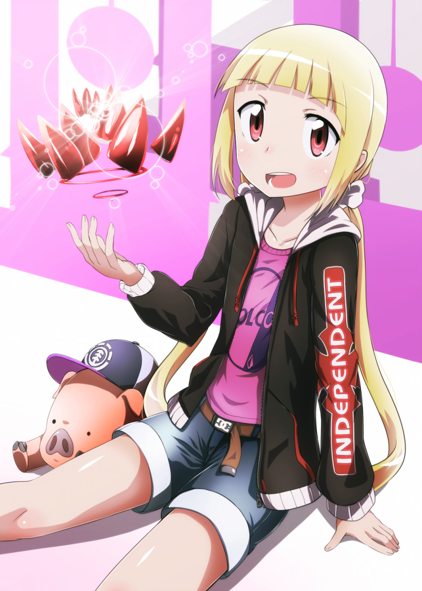 :d alice_to_zouroku arm_at_side baseball_cap belt black_jacket blonde_hair blue_shorts blunt_bangs blush brown_belt clothes_writing collarbone commentary_request elbow_gloves eyebrows female fingernails gloves hair_ornament hair_scrunchie hand_up hat highres jacket kashimura_sana legs_apart long_hair long_sleeves looking_at_viewer low_twintails open_clothes open_jacket open_mouth pig pink_shirt purple_hat red_eyes scrunchie shirt shorts sitting smile solo tanashi_(mk2) tareme teeth tongue twintails unzipped very_long_hair white_scrunchie zipper