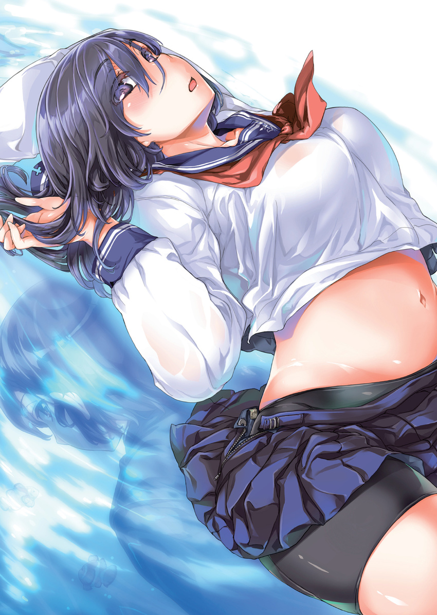 arima_jin arms_up bike_shorts blue_hair blush breasts clownfish dutch_angle female fish hair_between_eyes highres large_breasts lying midriff navel on_back open_mouth parted_lips photoshop_(medium) pleated_skirt purple_eyes reverse_twins_-_boku_ga_joshikou_ni_kayotta_riyuu school_uniform serafuku skirt solo tropical_fish