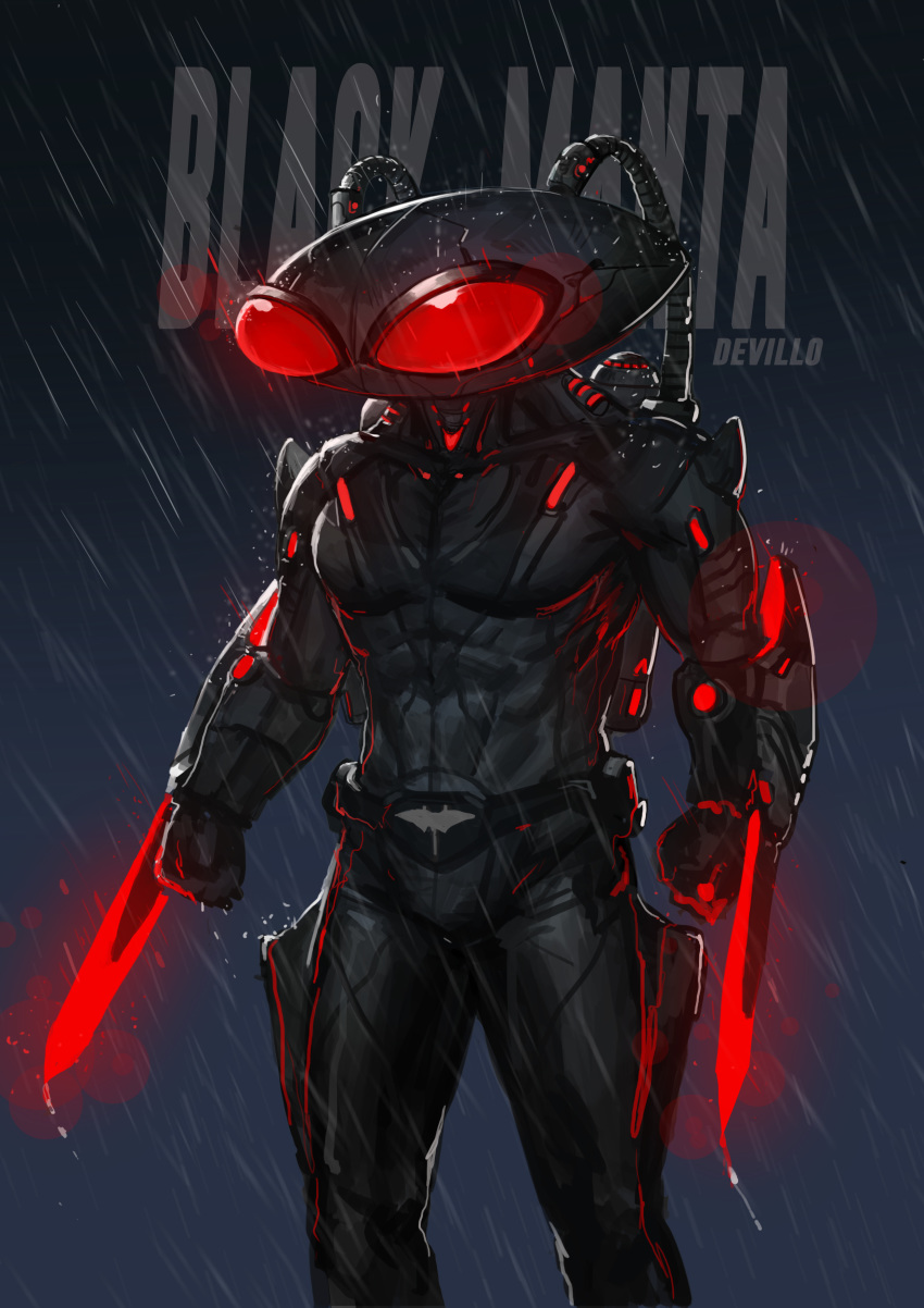 1boy abs absurdres aquaman_(series) artist_name belt black_manta bodysuit cable character_name commentary dc_comics devil_lo english_commentary gloves glowing glowing_eyes helmet highres male_focus photoshop_(medium) rain red_eyes solo sword weapon