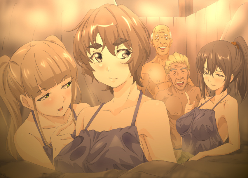 2boys 3girls :o balding blonde_hair blunt_bangs breasts brown_eyes brown_hair dark-skinned_male dark_skin green_eyes hayashi_norika indoors kosokosomaru_(higashi_taishi) medium_breasts miyazaki_yuu mizuno_nanatsu mole mole_under_eye mole_under_mouth multiple_boys multiple_girls nipples old old_man onsen original ponytail short_hair steam thick_eyebrows twintails white_hair