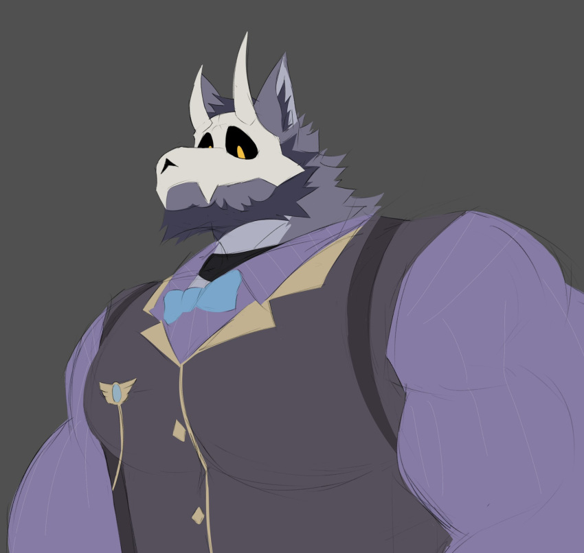 anthro atlas_(juggermelon) beard black_sclera blue_bow_tie bow_tie brown_clothing brown_topwear brown_vest canid canine canis clothed clothing dogguni facial_hair fur grey_background grey_body grey_fur hi_res male mammal mask muscular purple_clothing purple_shirt purple_topwear shirt simple_background skull_mask solo topwear vest wolf yellow_eyes