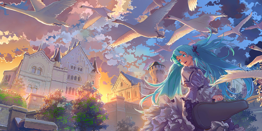 aqua_eyes aqua_hair bird building commentary_request female flock frills from_below geister germany hatsune_miku highres long_hair neuschwanstein_castle outdoors photoshop_(medium) skirt smile solo sunset swan twintails violin_case vocaloid