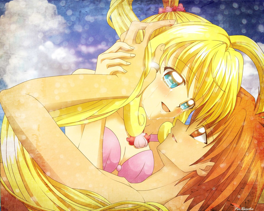 1boy blonde_hair blue_eyes bra commentary_request couple doumoto_kaito female highres jewelry long_hair luana_morado mermaid mermaid_melody_pichi_pichi_pitch monster_girl nanami_lucia necklace open_mouth orange_eyes orange_hair pink_bra ponytail shell shell_necklace smiley_face straight underwear