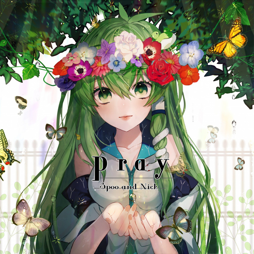 anemone_(flower) bare_shoulders bellflower blue_flower breasts bug butterfly chinese_bellflower collarbone commentary_request cupping_hands daimaou_ruaeru detached_sleeves english_text female flower flower_wreath frog_hair_ornament gerbera green_eyes green_hair hair_between_eyes hair_ornament hair_tubes hands_up head_tilt head_wreath highres kochiya_sanae leaf lips long_hair long_sleeves looking_at_viewer medium_breasts monarch_butterfly nail_polish nemophila_(flower) orange_flower own_hands_together pink_flower pink_lips pink_nails plant purple_flower quince_flower red_flower red_rose rose shirt sidelocks sleeveless sleeveless_shirt snake_hair_ornament solo straight-on swallowtail_butterfly touhou upper_body water_drop white_background white_flower white_rose white_shirt wide_sleeves