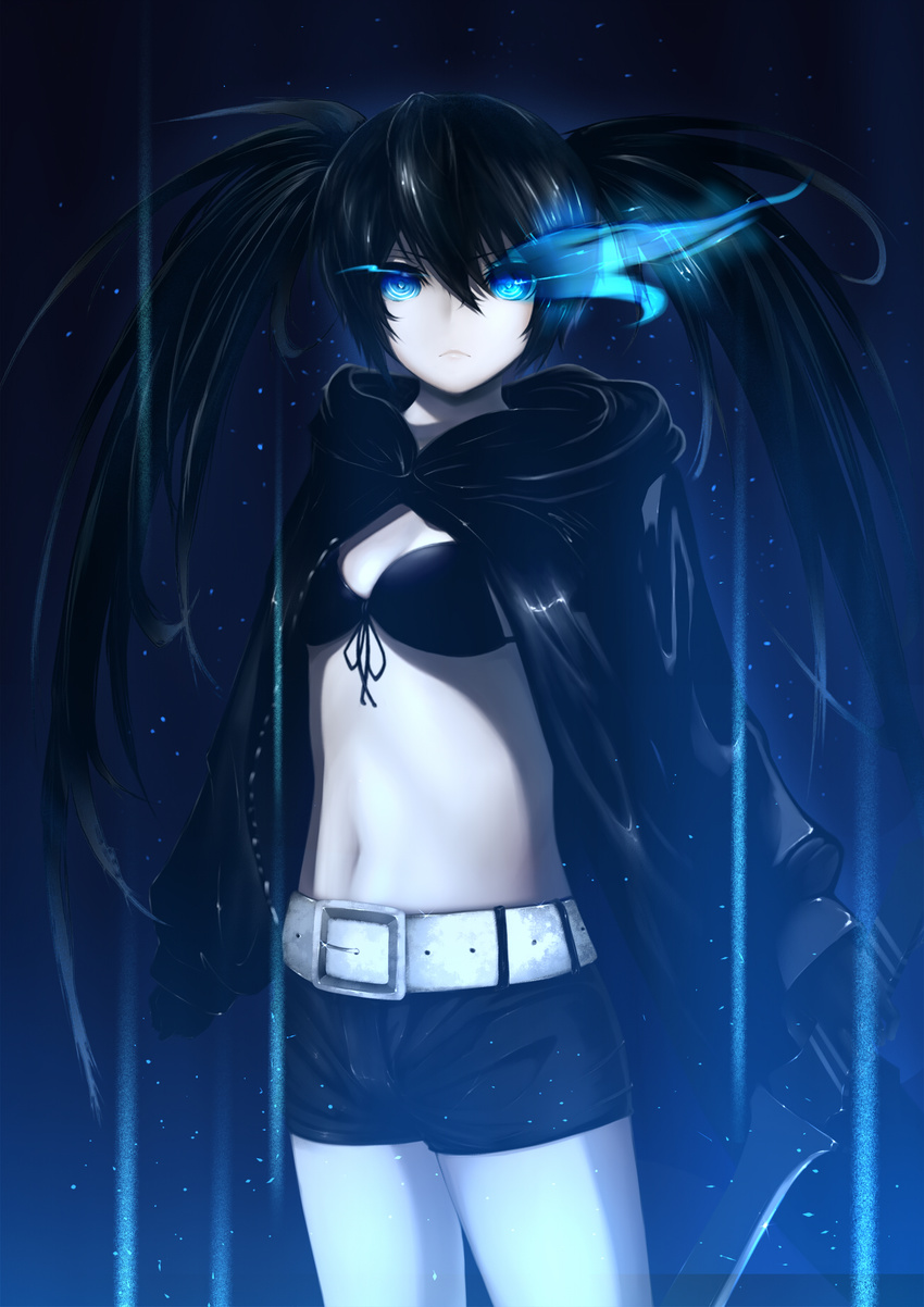 belt bikini bikini_top_only black_bikini black_hair black_rock_shooter black_rock_shooter_(character) black_shorts black_sweater blue_eyes breasts cardigan commentary_request female flaming_eye front-tie_bikini_top front-tie_top highres holding holding_sword holding_weapon kinoshita_ringo_(kagamine-ren02) long_hair looking_at_viewer medium_breasts navel no_shirt open_cardigan open_clothes shorts solo stomach sweater swimsuit sword weapon