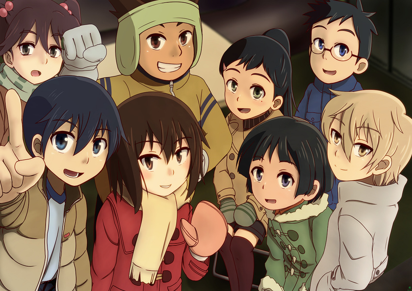 3girls 5boys bad_id bad_pixiv_id black_hair black_shorts blue_eyes boku_dake_ga_inai_machi brown_eyes brown_hair commentary_request fujinuma_satoru glasses gloves green_eyes hair_ornament hands_in_pockets hinazuki_kayo indoors kazu_(boku_dake_ga_inai_machi) kneehighs kobayashi_kenya long_hair looking_at_viewer midori_no_ryokucha mole mole_under_eye multiple_boys multiple_girls nakanishi_aya open_mouth osamu_(boku_dake_ga_inai_machi) scarf short_hair shorts smile socks sugita_hiromi