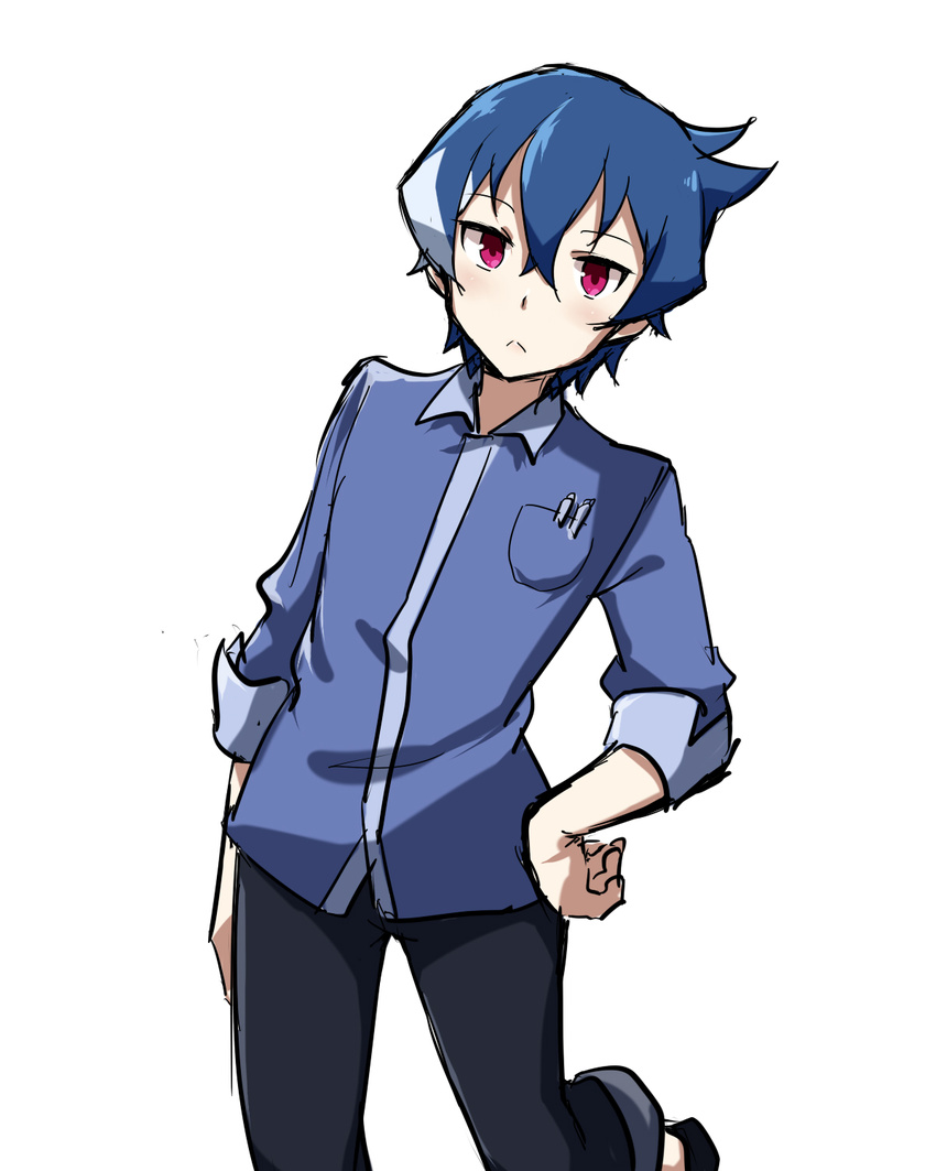 1boy :< akiba's_trip akiba's_trip_the_animation black_pants blue_hair blue_shirt closed_mouth commentary_request denkigai_tamotsu funkunsan hand_on_own_hip highres looking_at_viewer male_focus multicolored_hair pants pink_eyes shirt simple_background sleeves_rolled_up solo standing standing_on_one_leg streaked_hair white_background