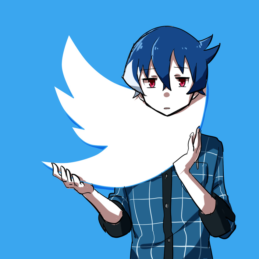 1boy akiba's_trip akiba's_trip_the_animation blue_background blue_hair commentary_request denkigai_tamotsu funkunsan highres look-alike male_focus open_mouth red_eyes simple_background sleeves_rolled_up solo twitter twitter_logo upper_body