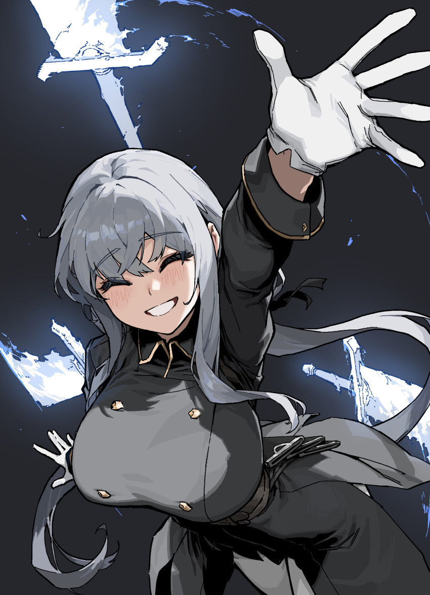 absurdres arm_up black_coat breasts closed_eyes coat energy_sword facing_viewer female floating floating_hair floating_object floating_sword floating_weapon foreshortening gloves gogalking grey_background grey_hair grin hair_between_eyes highres large_breasts light_blush long_hair long_sleeves magic ofelia_(gogalking) original simple_background smile solo sword very_long_hair weapon white_gloves