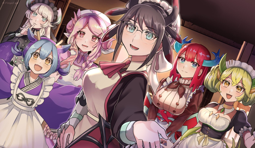 6+girls black_dress black_hair blue_eyes blue_hair blush breasts brown_eyes chamber_dragonmaid cleavage collarbone dragon_girl dragon_horns dragon_wings dress duel_monster flat_chest glasses green_hair grey_hair highres horns house_dragonmaid indoors kitchen_dragonmaid large_breasts laundry_dragonmaid long_hair low_wings maid maid_headdress medium_hair multiple_girls nurse_dragonmaid parlor_dragonmaid pink_eyes pink_hair pinyata_(pinyaland) red_hair twintails wings yu-gi-oh!