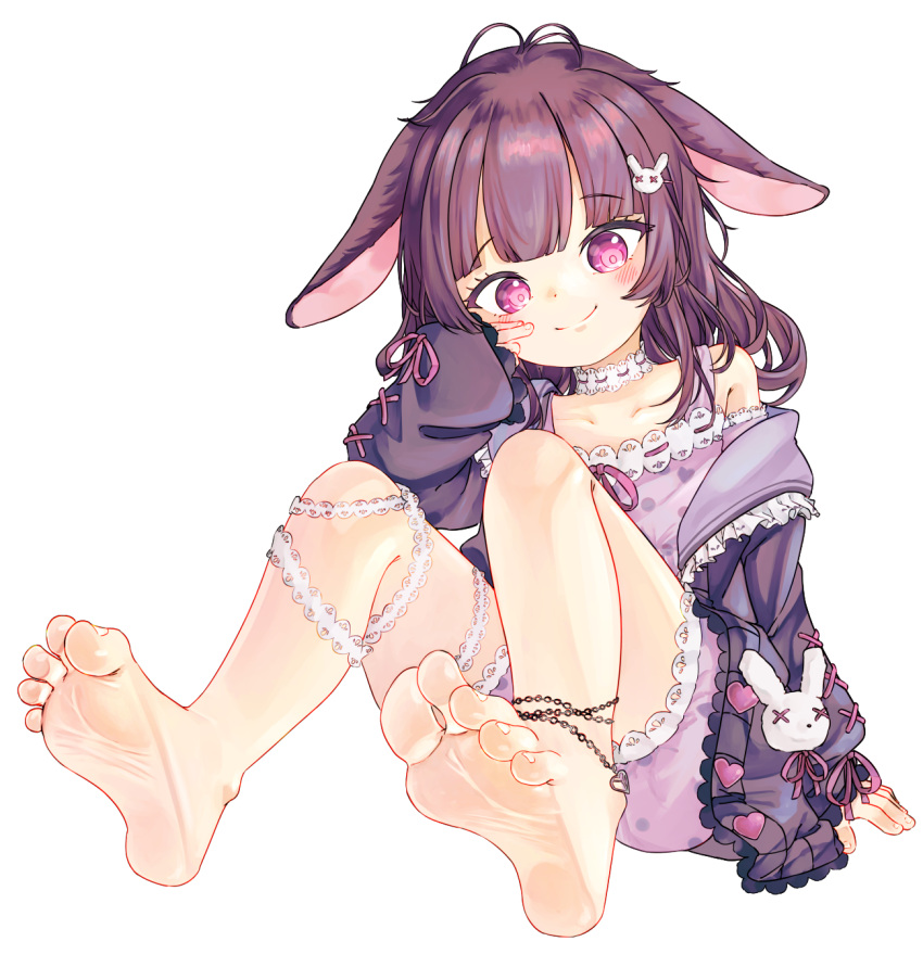 animal_ears barefoot brown_hair chaosexceed closed_mouth fallenshadow feet female foot_focus foreshortening hair_ornament highres indie_virtual_youtuber long_hair on_ground rabbit_ears rabbit_girl rabbit_hair_ornament simple_background sleepwear smile soles solo toes virtual_youtuber white_background