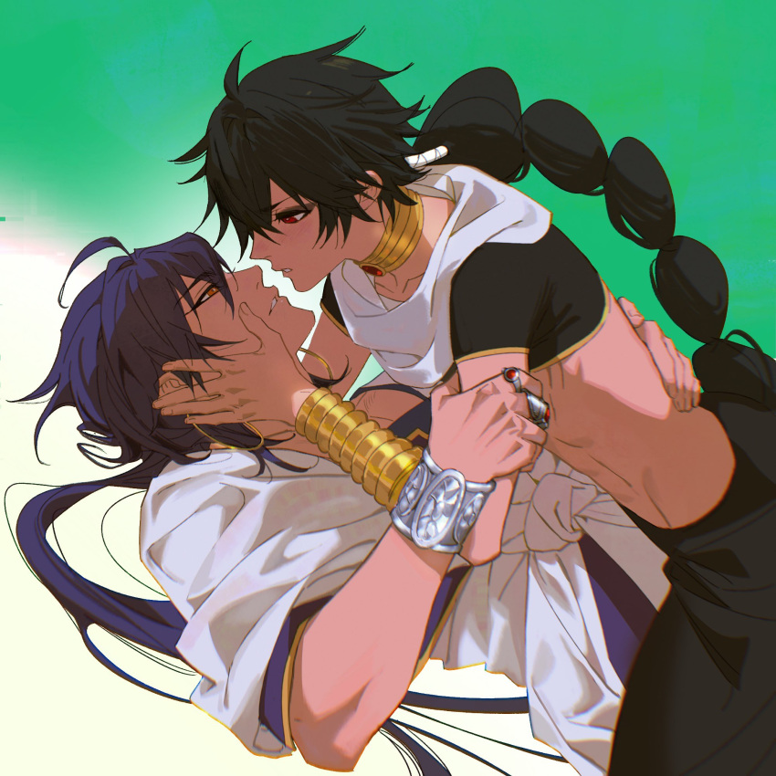 2boys arabian_clothes black_pants black_shirt blue_hair bracelet bracer commentary crop_top english_commentary eye_contact hair_between_eyes hair_tie hand_on_another's_arm hand_on_another's_back hands_on_another's_face highres jewelry judal long_hair looking_at_another lying magi_the_labyrinth_of_magic male_focus midriff multi-tied_hair multiple_boys multiple_rings necklace ngop on_back orange_eyes pants parted_lips puffy_pants red_eyes ring robe shirt sinbad_(magi) teeth white_robe yaoi