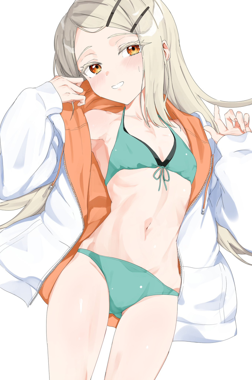 bikini blush collarbone colored_eyelashes cowboy_shot female flat_chest flipped_hair front-tie_bikini_top front-tie_top gakuen_idolmaster green_bikini grin hair_ornament hairclip hands_up highres hood hood_down hoodie idolmaster isocha kimi_to_semi_blue_(idolmaster) light_brown_hair long_hair long_sleeves looking_at_viewer navel open_clothes open_hoodie orange_eyes shinosawa_hiro simple_background smile solo standing sweatdrop swimsuit white_background white_hoodie zipper