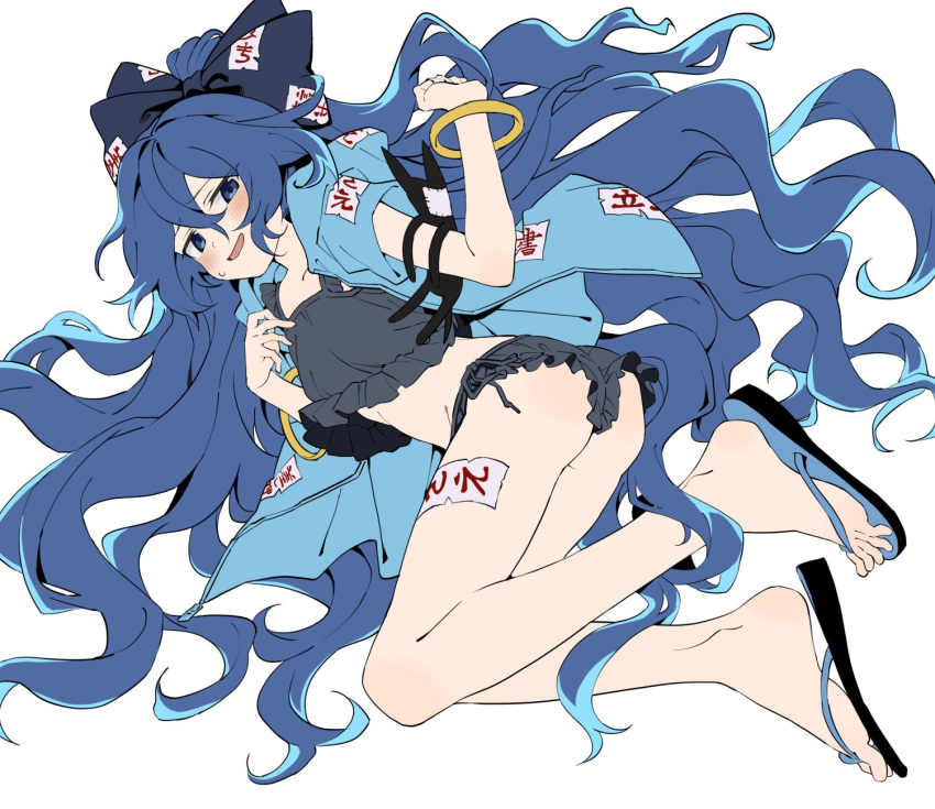 :d ass black_bow blue_eyes blue_hair blue_jacket blush bow bracelet debt female full_body hair_between_eyes hairbow highres jacket jewelry long_hair manarou open_mouth sandals simple_background smile solo stuffed_animal stuffed_cat stuffed_toy sweatdrop touhou very_long_hair white_background yorigami_shion