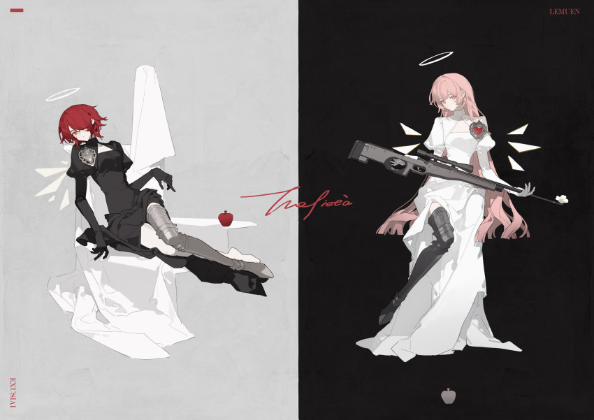 2girls absurdres ai_arctic_warfare angel apple arknights armor black_dress bolt_action character_name commentary cuisses detached_wings dress energy_wings english_commentary exusiai_(arknights) food fruit greaves gun halo highres holding holding_gun holding_weapon jacknife lemuen_(arknights) multiple_girls orange_eyes pink_eyes pink_hair poleyn red_hair rifle shoes short_hair siblings single_bare_foot single_greave single_shoe sisters sitting sniper_rifle two-tone_background weapon white_dress wings