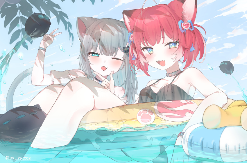 2girls 8ru_(pa_ru2023) :3 absurdres afloat akami_karubi alternate_costume animal_ears bikini black_bikini blue_eyes blush bracelet breasts cat_ears cat_girl cat_tail choker cleavage commentary_request creature fangs furrowed_brow grey_hair hair_ornament hair_ribbon half-closed_eye hand_on_another's_chin hand_up highres indie_virtual_youtuber jewelry long_hair looking_at_viewer medium_breasts multiple_girls nachoneko on_innertube one_eye_closed open_mouth outdoors red_hair ribbon short_hair short_twintails smug swimsuit tail twintails twitter_username v virtual_youtuber water