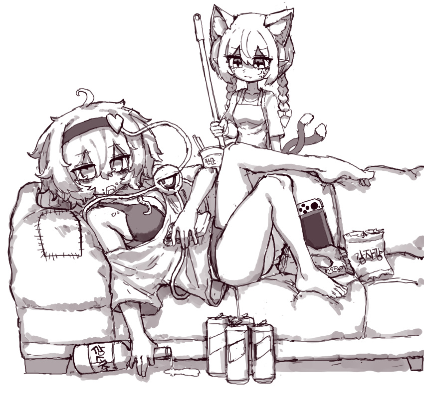 2girls anger_vein animal_ears apron barefoot bottle bra braid breasts can cat_ears cat_girl cat_tail chips_(food) cleavage couch extra_ears food greyscale hairband hashtag-only_commentary highres kaenbyou_rin komeiji_satori looking_at_viewer medium_hair messy_hair monochrome multiple_girls multiple_tails nintendo_switch open_mouth rampa93 short_hair side_braids simple_background tail third_eye touhou twin_braids two_tails underwear