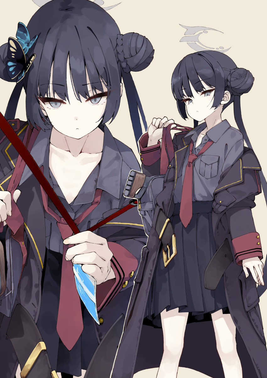 absurdres armband black_coat black_hair black_shirt black_skirt blue_archive blush braid braided_bun breasts butterfly_hair_ornament coat collared_shirt cosplay cs/ls06 double_bun dress_shirt female grey_eyes gun hair_bun hair_ornament halo highres iroha_(blue_archive) iroha_(blue_archive)_(cosplay) iwasaki_takashi kisaki_(blue_archive) long_hair long_sleeves looking_at_viewer multiple_views necktie open_clothes open_coat shirt skirt small_breasts submachine_gun thighs twintails weapon