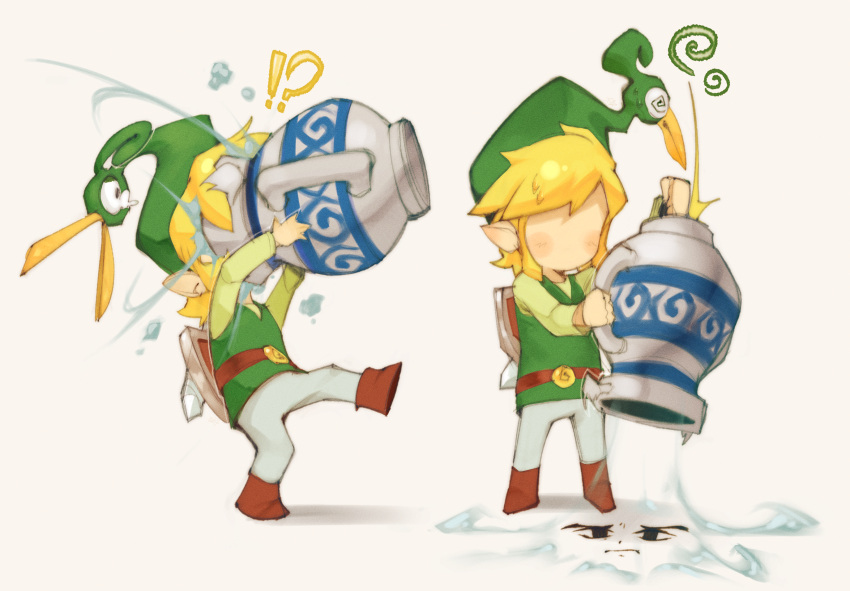 2024 avian beak blonde_hair clothing container duo elf ezlo faceless footwear hair hi_res humanoid humanoid_pointy_ears hylian jar light_body light_skin male minish_cap nintendo onimiere open_beak open_mouth simple_background the_legend_of_zelda toon_link wind wind_waker