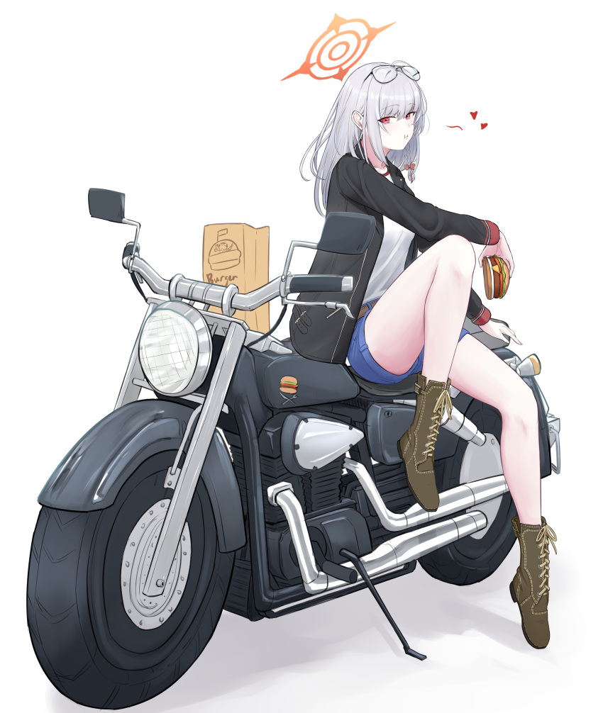 absurdres arm_support bag black_jacket blue_archive boots bow brown_footwear burger casual chewing contemporary denim denim_shorts eating eyewear_on_head female food full_body glasses grey_hair hairbow halo haruna_(blue_archive) heart highres jacket legs looking_at_viewer mola_(mola526) motor_vehicle motorcycle on_motorcycle open_clothes open_jacket paper_bag red_bow red_eyes shirt short_shorts shorts sidesaddle sitting solo white_shirt