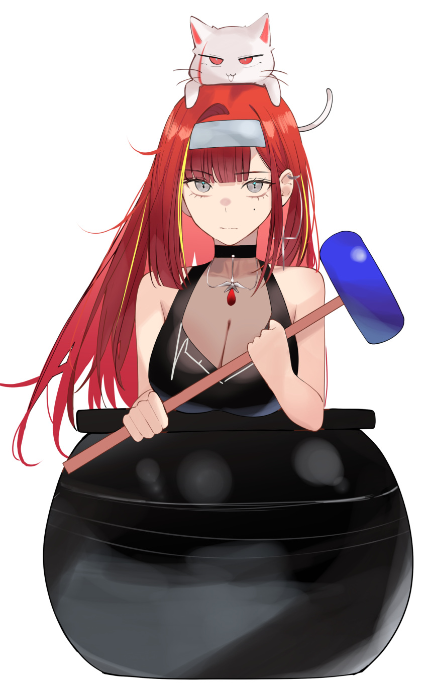 absurdres akane_lize bare_arms bare_shoulders black_choker black_shirt breasts cauldron choker cleavage closed_mouth earrings female getting_over_it grey_eyes hammer headband highres holding holding_hammer jewelry large_breasts long_hair looking_at_viewer mole mole_under_eye multicolored_hair red_hair see-through_cleavage see-through_clothes shirt sidelocks sleeveless sleeveless_shirt solo stellive streaked_hair talnory virtual_youtuber